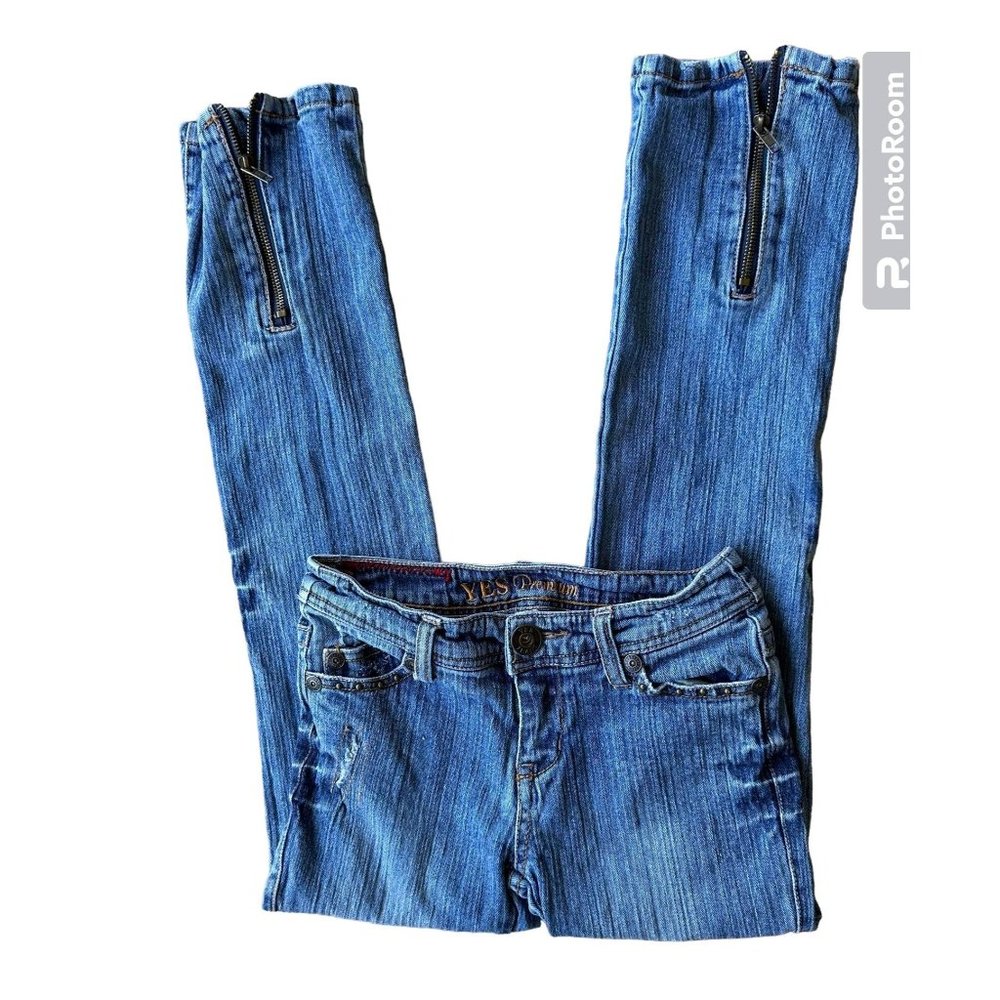 VTG 90's Yes Brand Jeans Girls 10 Blue 25 inches x 26" Studded Embroider… - Picture 2 of 12